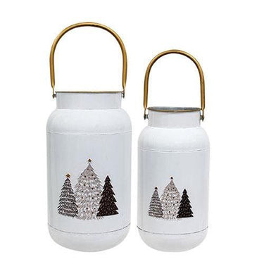 2 Set White Milk Cans with Embossed Trees - The Fox Decor